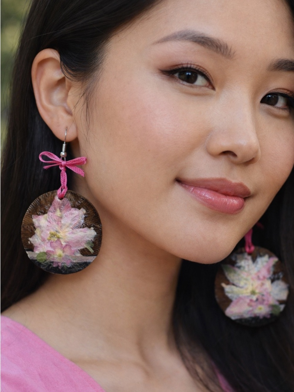 Rustic Pink Floral Leather Round Drop Earrings with Pink Bow Accent - NWOT